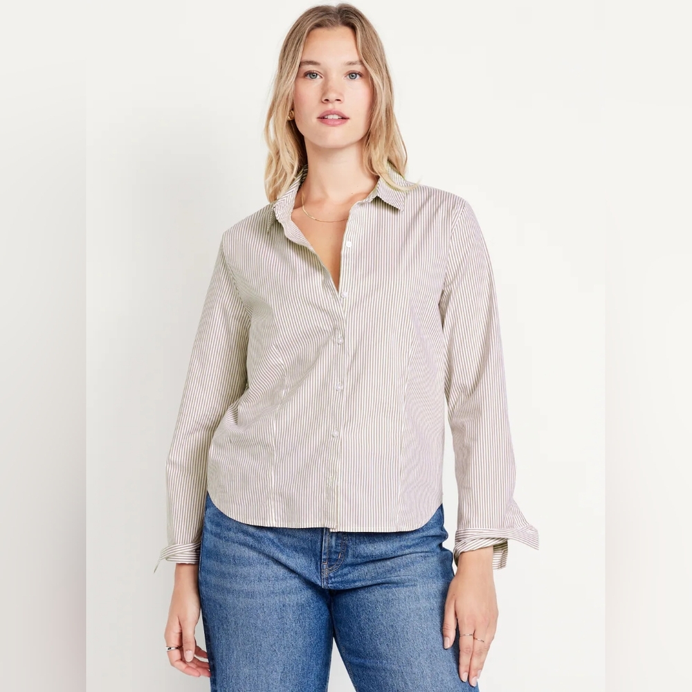 NWT - Cotton Stretch Old Navy Slim Fit Button Down Brown Stripe Shirt Tall XXL